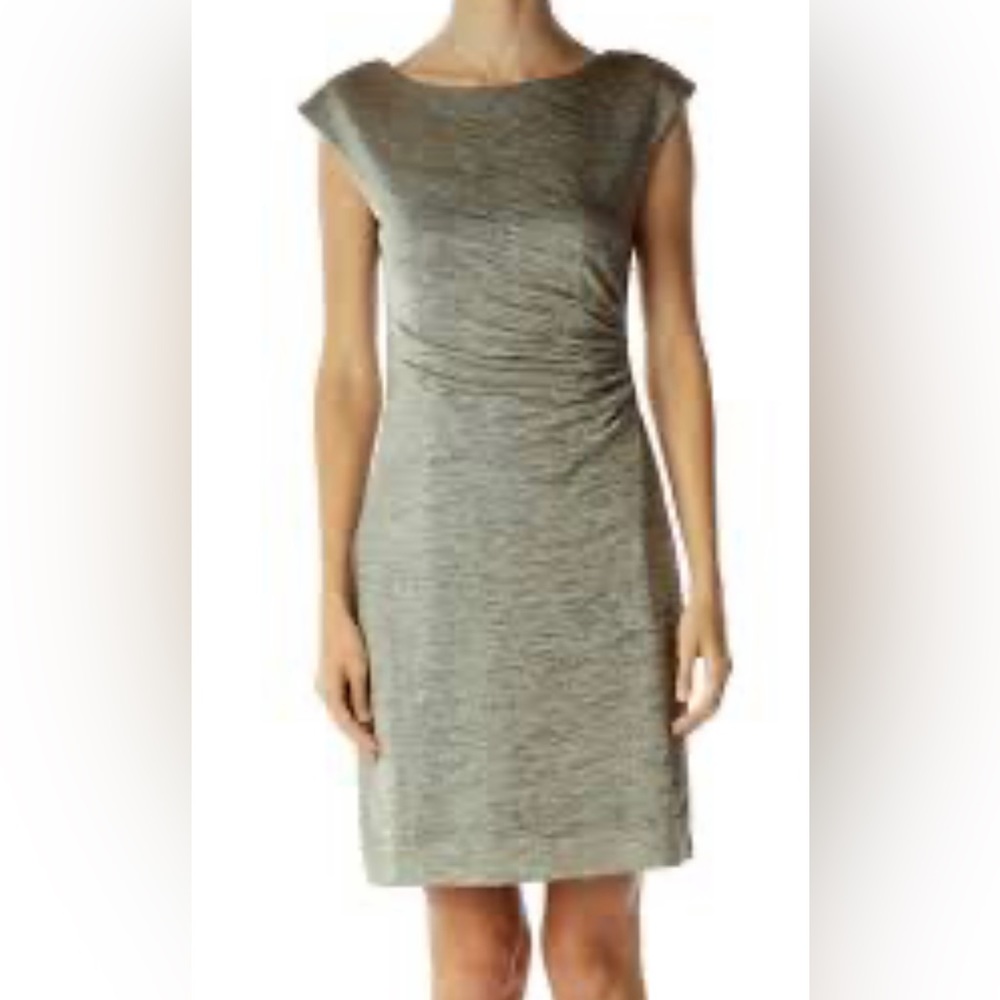Loft Petites  Women’s Slinky Gold Ruched  Fitted Shift Boat Neck Dress size SP